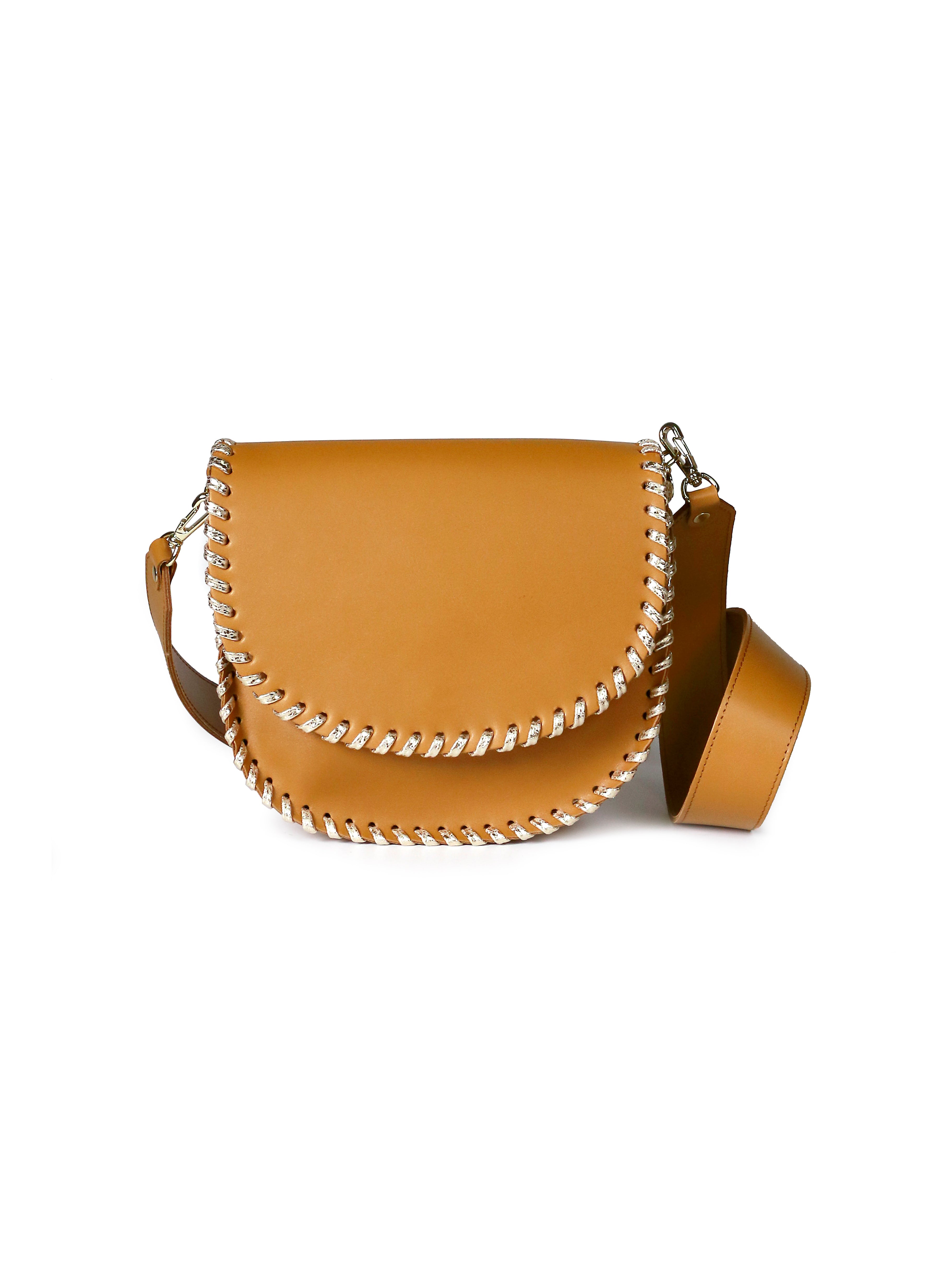Petite besace ronde en cuir de vachette épais Camel
