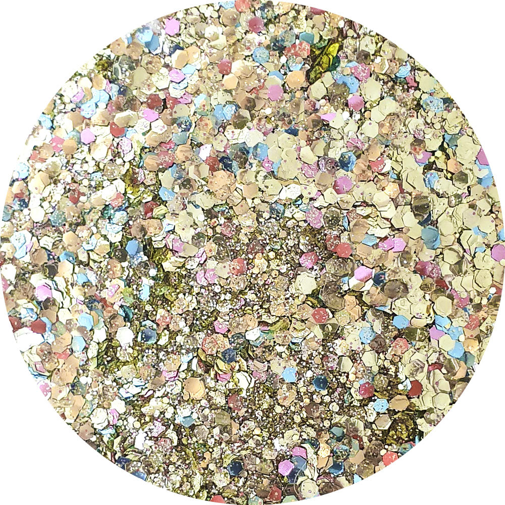 Pot de 5ml de paillettes dorées, roses, turquoises et argentées.