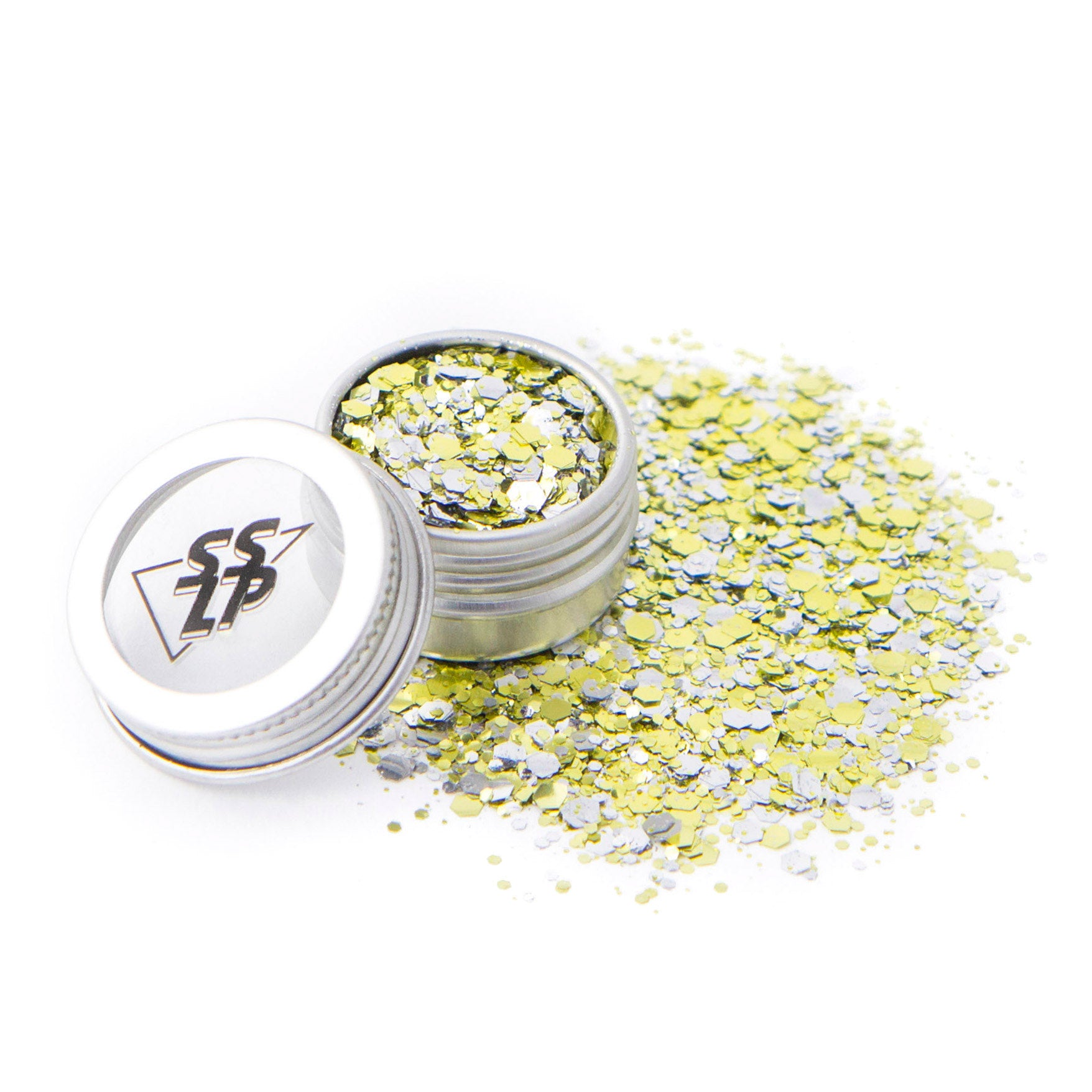 Pot de 5ml de paillettes dorées et argentées de tailles différentes.