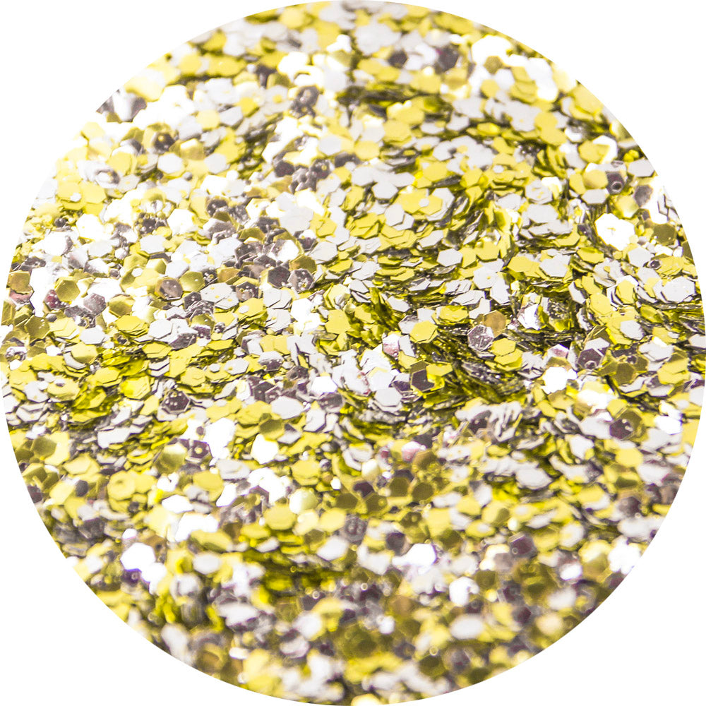 Pot de 5ml de paillettes dorées et argentées de tailles différentes.